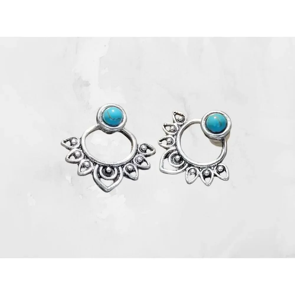 Turquoise Mandala Earrings, Boho Silver Earrings